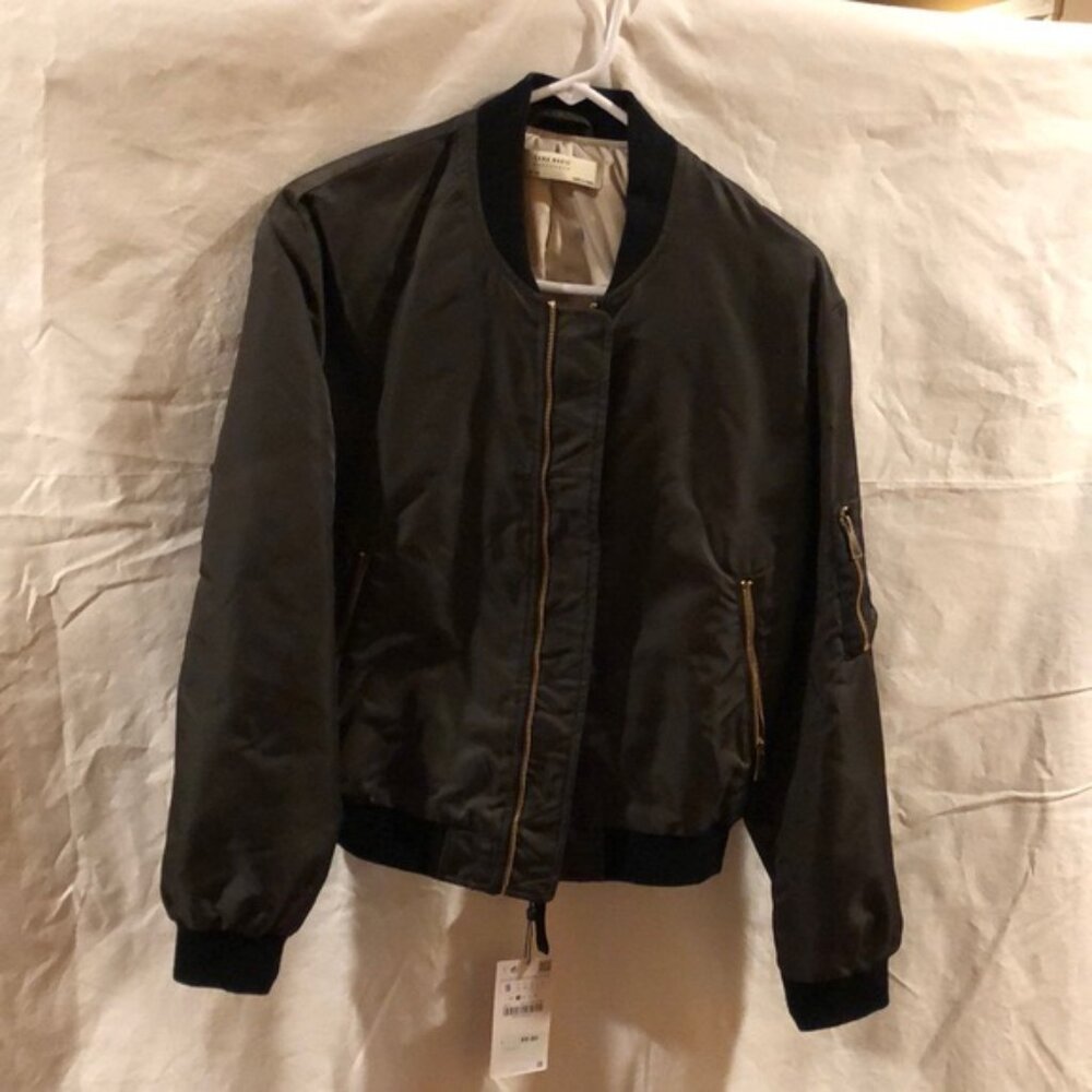 ZARA BASIC Olive Green Bomber Jacket Size L - Picture 2 of 3